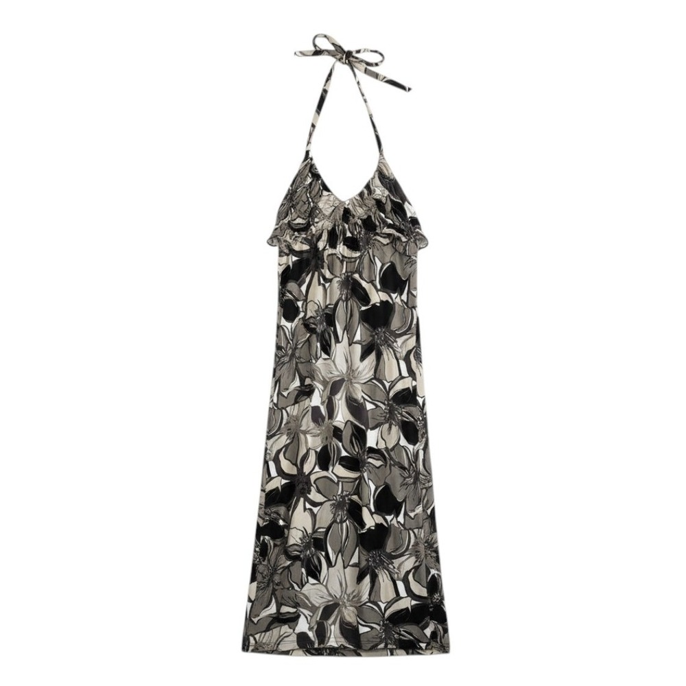 Elle Halter Maxi Dress Gray Black Floral Chain Strap Ruffle V-Neck Womens XS